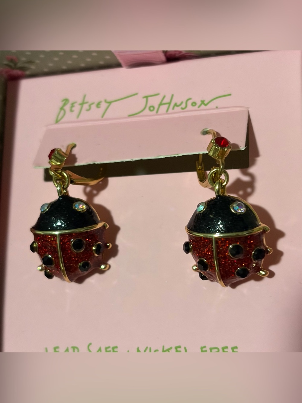 Betsey Johnson Red, Black and Gold Ladybug Drop Earrings